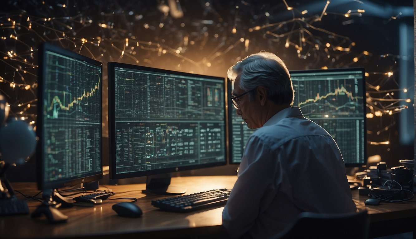 Satoshi Nakamoto creating Bitcoin, surrounded by computer screens and mathematical equations, with a sense of mystery and innovation in the air